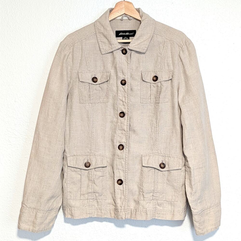 Eddie Bauer 100% Linen Jacket Womens XL Ivory Tan Shacket Button Pockets Utility